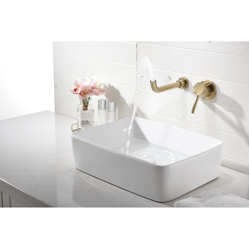 Robinet de lavabo de salle de bain mural en or brossé - Bonde escamotable, levier simple pour un débit d'eau optimal, aérateur réducteur de bruit, nickel en laiton avec poignée, réglage de la température simple, éclaboussures
