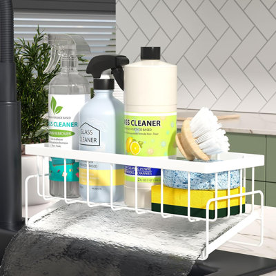 Organisateur d'évier de cuisine, support en éponge en acier inoxydable avec drainage automatique, support d'évier en acier inoxydable antirouille 304 pour éponges, savon, détergents, blanc