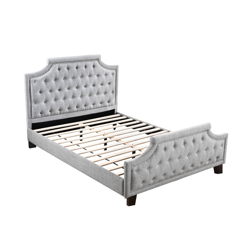 Structure de lit double pour chambre à coucher, polyfibre grise, tête de lit à boutons et polyfibre contemporaine de style moderne sans sommier