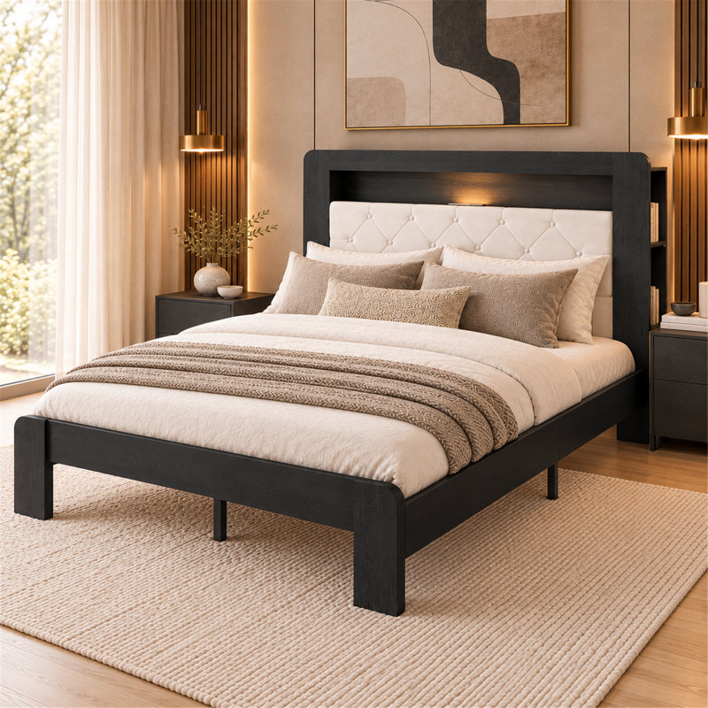 Structure de lit plateforme grand, cadre d'aspect bois noir avec velours doux, système de support à lattes en bois robuste, facile à assembler, aucun sommier requis, mobilier de chambre de luxe
