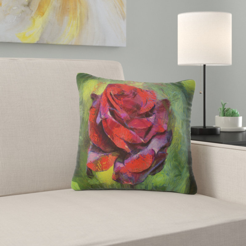 Rose rouge sur fond vert - coussin à imprimé floral, 16 po x 1 po, Coussin décoratif