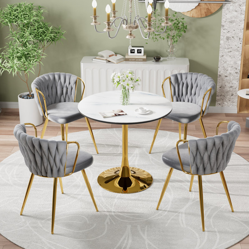 Marble Top Pedestal Dining Set, 5, Gray/Gold