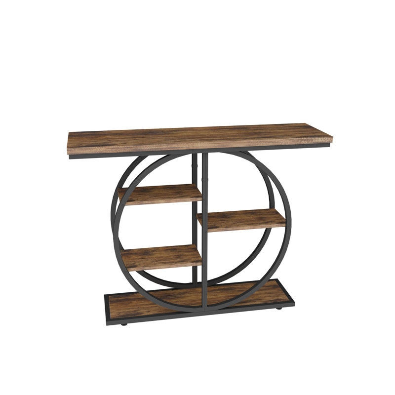 41.3" Industrial Console Table With Storage Shelves, Rustic Brown Circle Base
