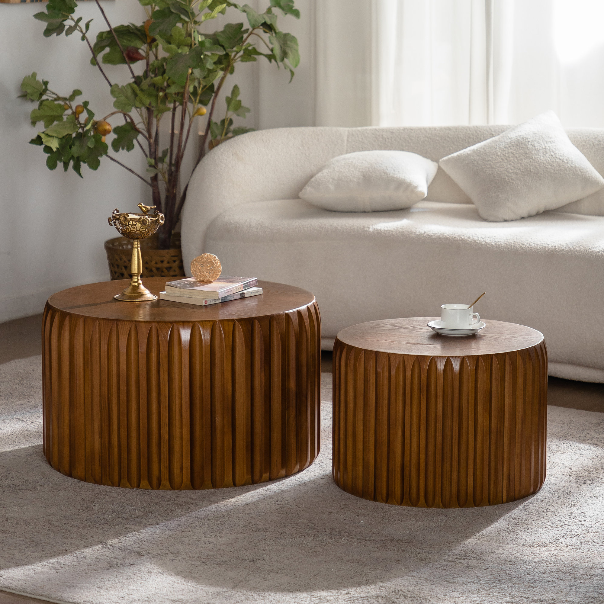 George Oliver Set Of 2 Fluted Round Coffee Table - Solid Wood & MDF ...