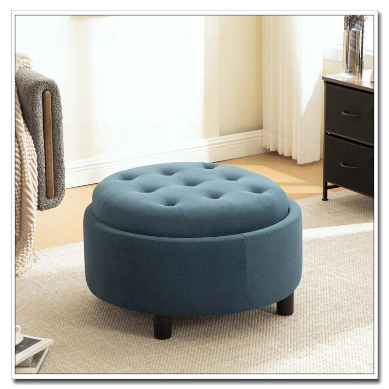 29.33"W Upholstered Round Ottoman, Blue
