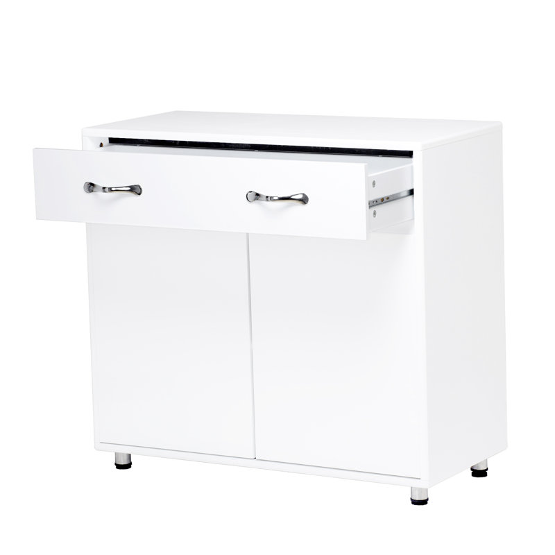 Table d'appoint blanche à deux portes: armoire polyvalente pour la vie, l'entrée, la cuisine, la chambre à coucher. Excellent procédé de peinture et E1. Conception simple avec des lignes fluides. Assemblage requis. Pieds en acier Safe Tube