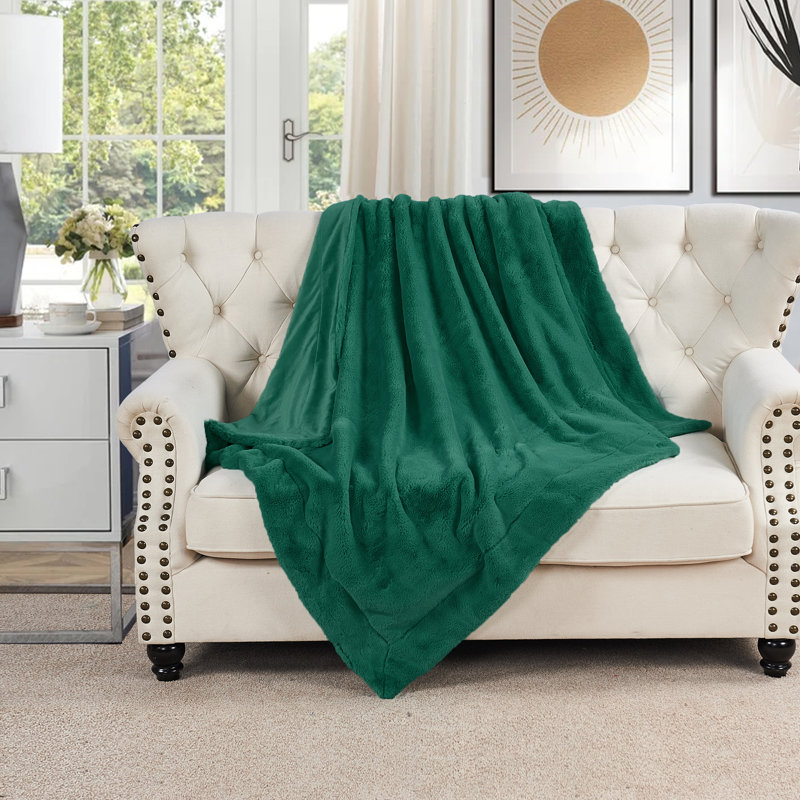 Jeté en fausse fourrure de renard, Bleu sarcelle / vert, L 60 po x L 80 po