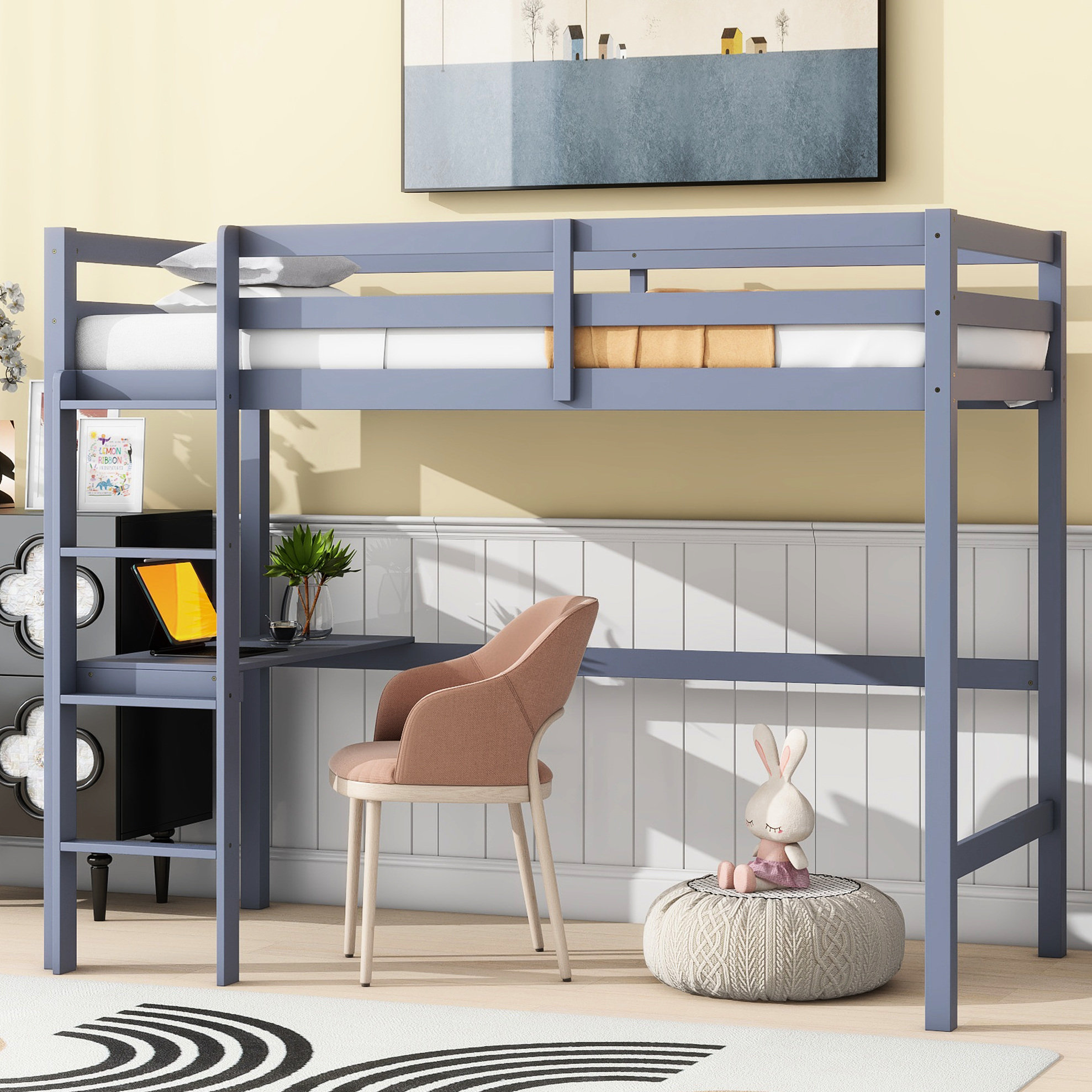 Latitude Run® Grey Twin Loft Bed With Desk And Guardrail, Crafted ...