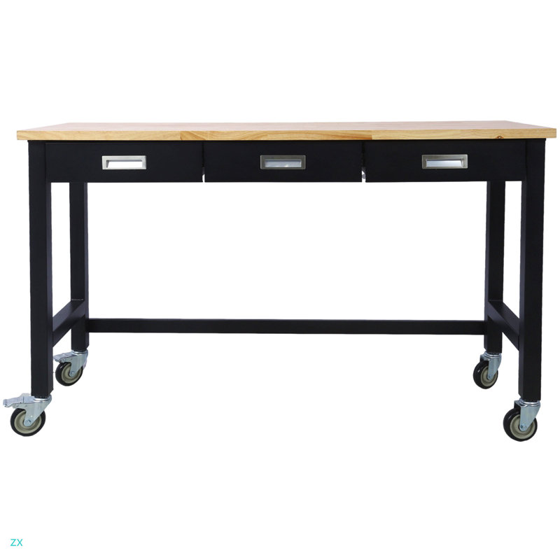 Banc de travail 60 po, banc de travail avec rangement de tiroir, table de travail en bois de bambou robuste avec roulettes pour le bureau à domicile