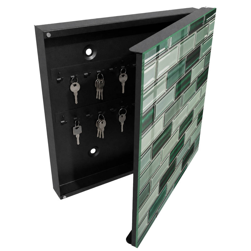 Key storage cabinet, Opens to the left, 30x30x5, White, Greens and turquoises in a modern pattern, 