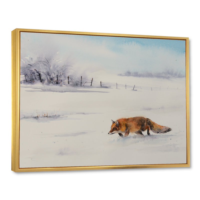 Renard roux courant dans la neige blanche I - Peinture sur toile, H 12 po x l 20 po x p 1 po, Toile encadrée d'or