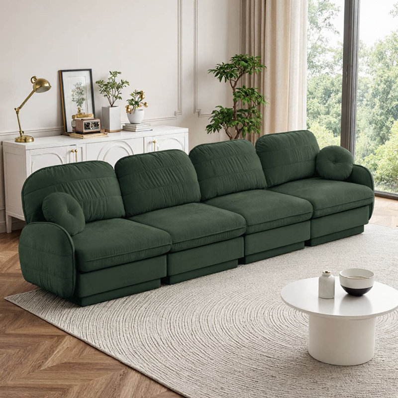 Canapé 137 pouces à 4 places avec coussins ronds et coussins de dossier matelassés 137 po, H 37,4 po x l 137 po x P 33,4 po