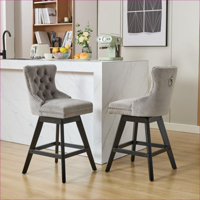 Ensemble de 2 chaises de bar pivotantes en velours 360 ° pour adultes, capitonnées, pieds en bois massif, gris anthracite