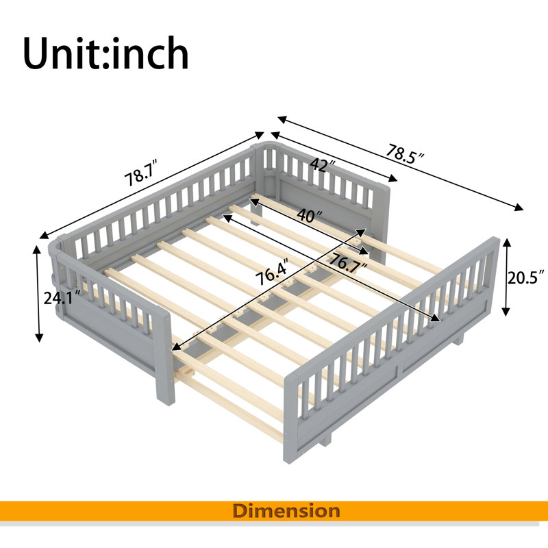 Lit plateforme avec garde-corps, structure de lit en bois massif, peut être converti en lit plateforme double, Gris