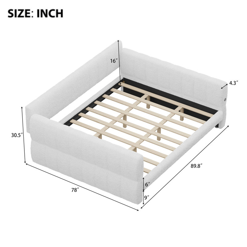 Très grand lit plateforme tapissier avec USB, blanc, White