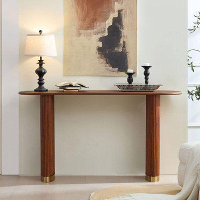 Longueur de la table d'entrée de 59,1 pouces pour le salon, console étroite avec pieds uniques en acier inoxydable, table de canapé en panneau de fibres à densité moyenne de conception moderne pour le couloir, entrée, appartement, brun