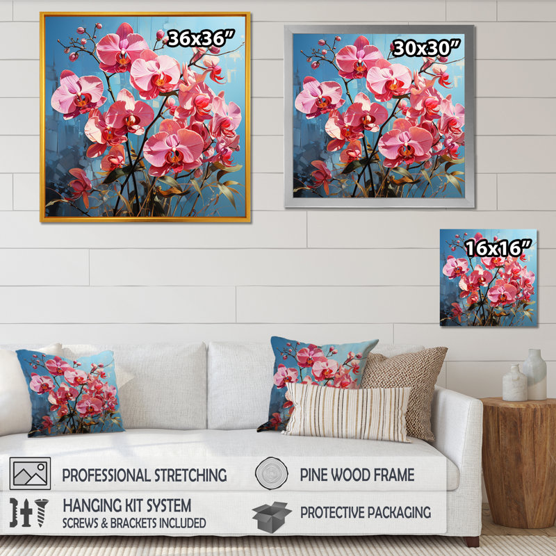 Orchidées roses néon sur toile, H 30 po x l 30 po x P 1 po, Cadre flottant blanc