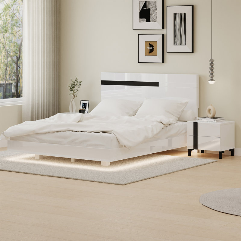Modern High Gloss 3-Piece Bedroom Set Floating Bed Frame Queen Size Platform Bed With LED Light & 2 Nightstands