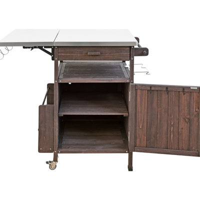 Outdoor Grill Cart 40.5" With 201 Stainless Steel Top, Solid Wood Construction, Drop Leaf, One Drawer, Towel Rack, Removable Center Shelf, 360 Rotating Lockable Wheels For Lawn Grilling Brown Rolling