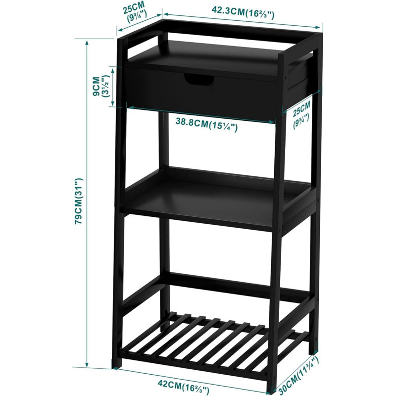 Classic Black Bamboo 3-Tier Ladder Shelf with Drawer