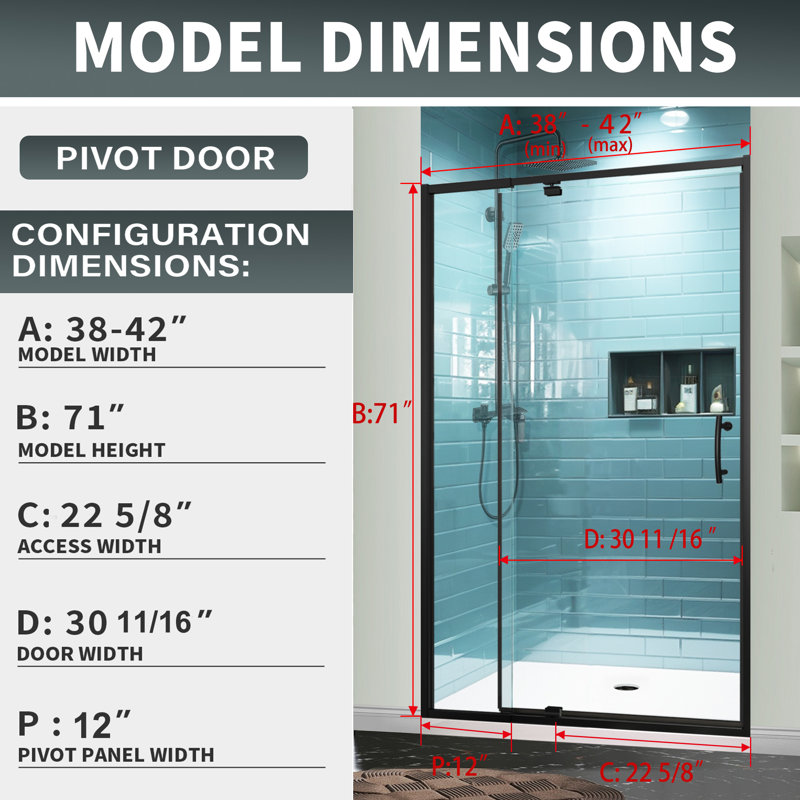48 in. Matte Black Semi-Frameless Pivot Shower Door with Clear Glass