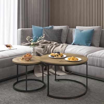 Ensemble de 2 tables basses gigognes 27,6 po, plateau rond en marbre et structure en métal robuste, tables d'appoint de table de bout