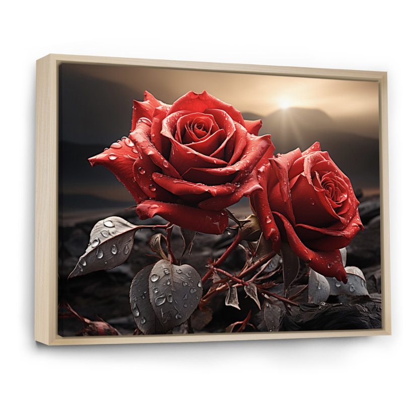 Champ de roses rouges et noires avec coucher de soleil, H 30 po x l 40 po x P 1,5 po, Cadre naturel flottant