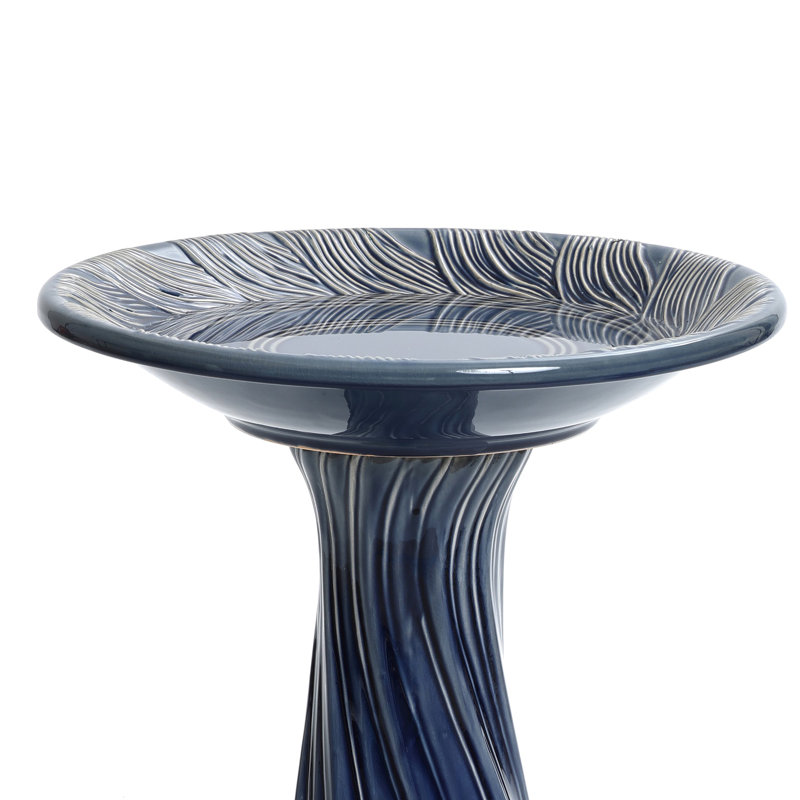 Élégant bain d'oiseaux en céramique pour l'extérieur 22,1 po avec motif de feuilles et de tourbillons, bleu, Bleu