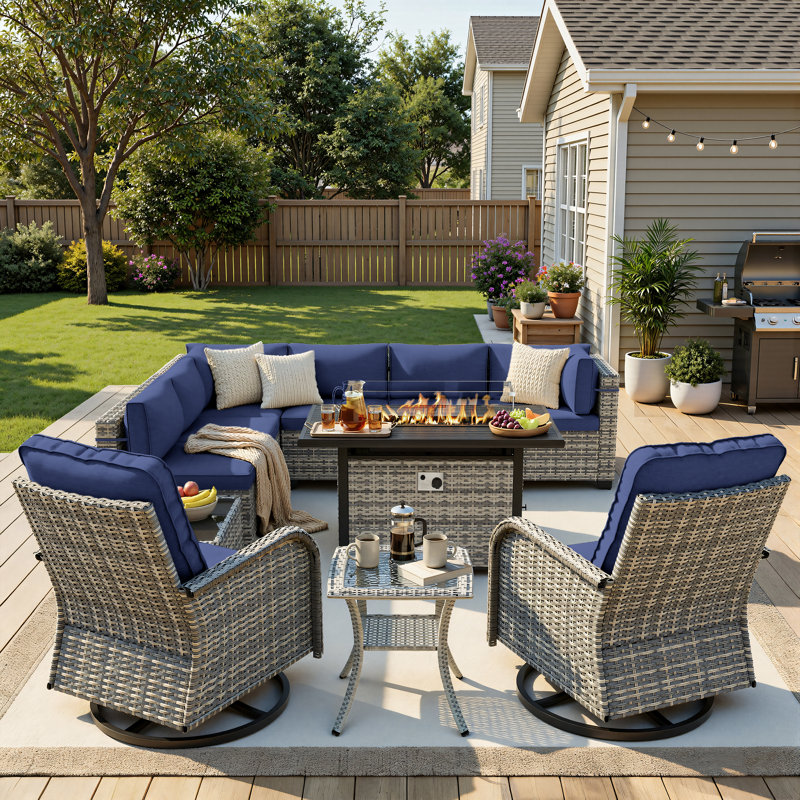 11-Piece Outdoor Patio Conversation Set With Propane Fire Pit Table, 7-Piece Wicker Sectional Sofa & Coffee Table, 2 Swivel Rocking Chairs & Side Table