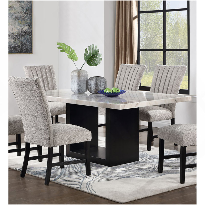 Attractive Elegant White Genuine Marble Table Top 1Pc Dining Table Sturdy Design Solidwood Base Dining Room Table