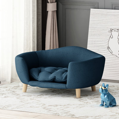 Lit pour chien bleu marine de style Mid-Century moderne avec pieds en bois de bouleau robuste, assemblage requis