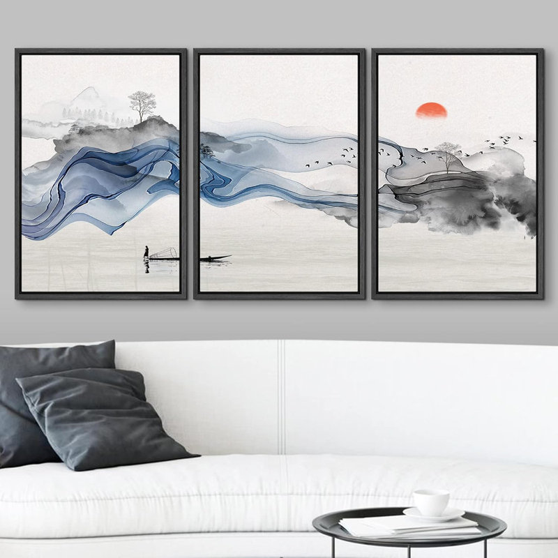 Peinture de paysage chinois - Décoration murale de salon de chambre à coucher, H 36 po x l 72 po, Cadre flottant noir