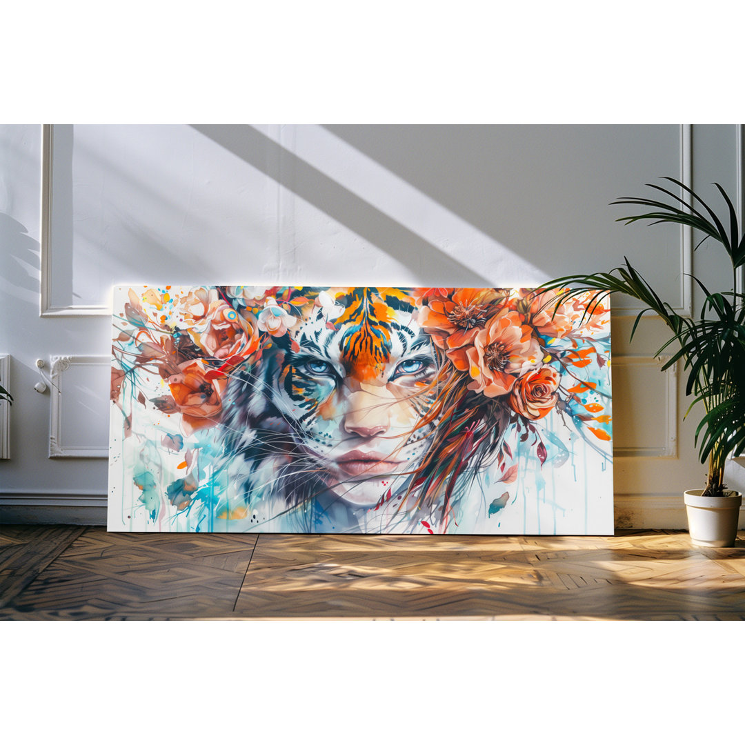 Wandbild 120x60cm Porträt einer jungen Frau Tiger rote Blumen Kunstvoll