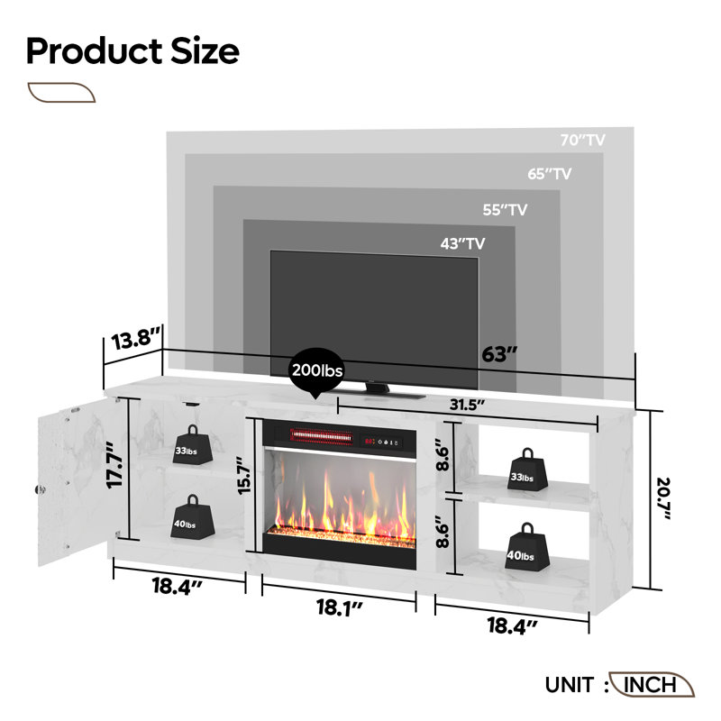 63 Inch Electric Fireplace TV Stand With Storage Cabinet And LED Open Shelf For Tvs Up To 70 Inch, White