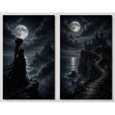 Grand ensemble de 2 fantaisie au clair de lune, art mural médiéval, impression sur toile pour chambre à coucher pour chambre à coucher, impression sur toile 16 x 24 pouces - prête à être accrochée