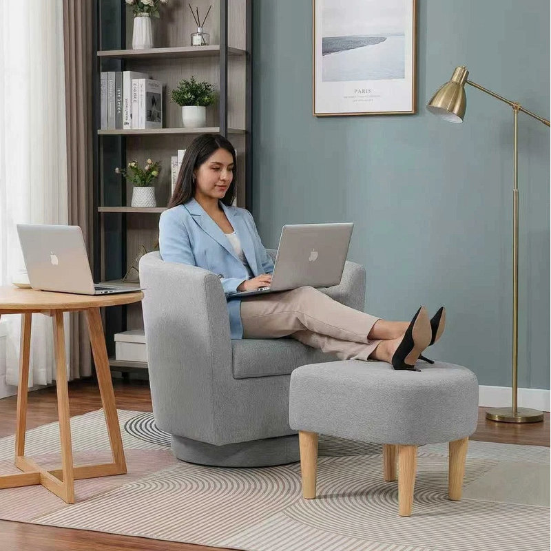  Sharolynn Upholstered Linen 27.6" Wide Swivel Barrel Chair with Ottoman, Gray Linen