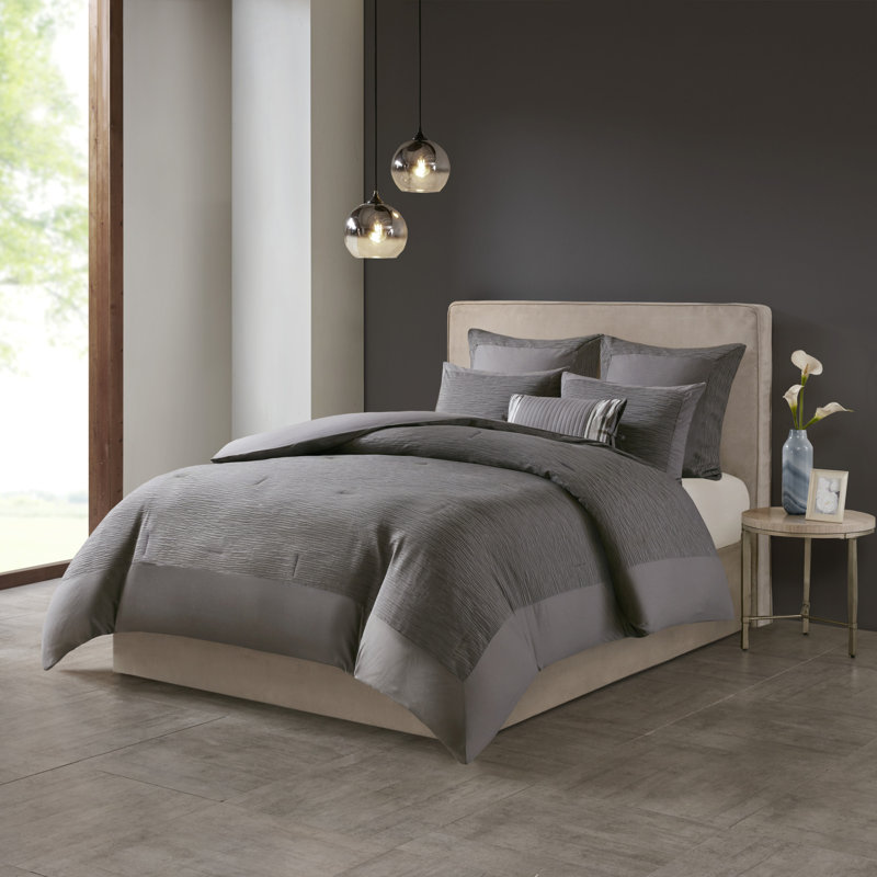 Hanae Microfiber Modern & Contemporary Comforter Set, Full/Queen Comforter + 2 Standard Shams, Grey