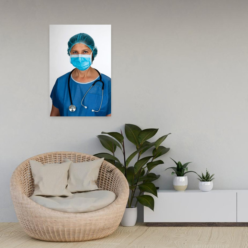 Hôpital, infirmière avec masque et stéthoscope, portrait moderne, art mural, H 24 po x l 16 po