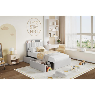 Twin Boucle Upholstered Platform Bed with Bookcase Headboard & 2 Drawers, Grey