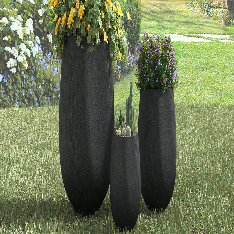 Ensemble de 3 pots à fleurs en forme d'œuf pour l'extérieur, léger et en forme de pierre, Black
