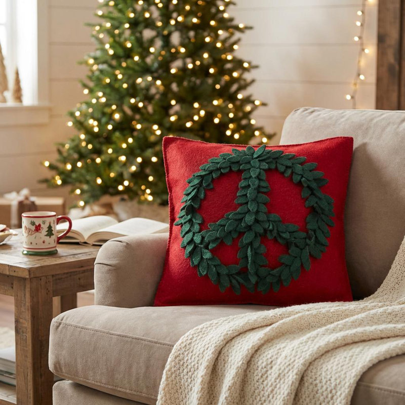 Coussin en laine feutrée à la main, signe de paix vert sur fond rouge, 20 po, Oreiller (inclus)