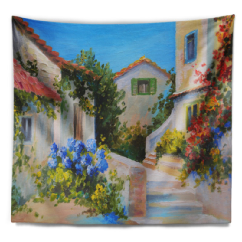 Maisons de paysage près de la tapisserie de la mer, H 32 po x l 39 po