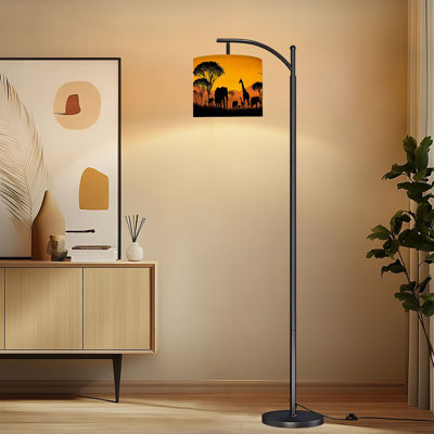 Lampe sur pied à arc avec abat-jour ajustable Silhouette éléphants girafes, coucher de soleil, faune sur pied, faune à 3 couleurs, intensité variable, grand mât avec interrupteur au pied pour la chambre à coucher