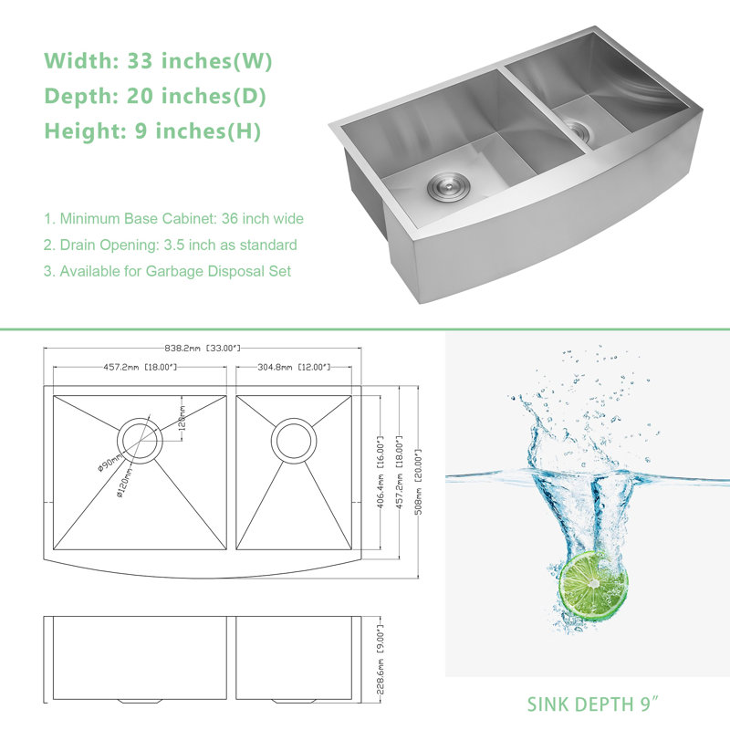 Farmhouse Apron Kitchen Sink Undermount Double Bowl 18 Gauge Stainless Steel Sink, 33"L x 20"W x 9"H