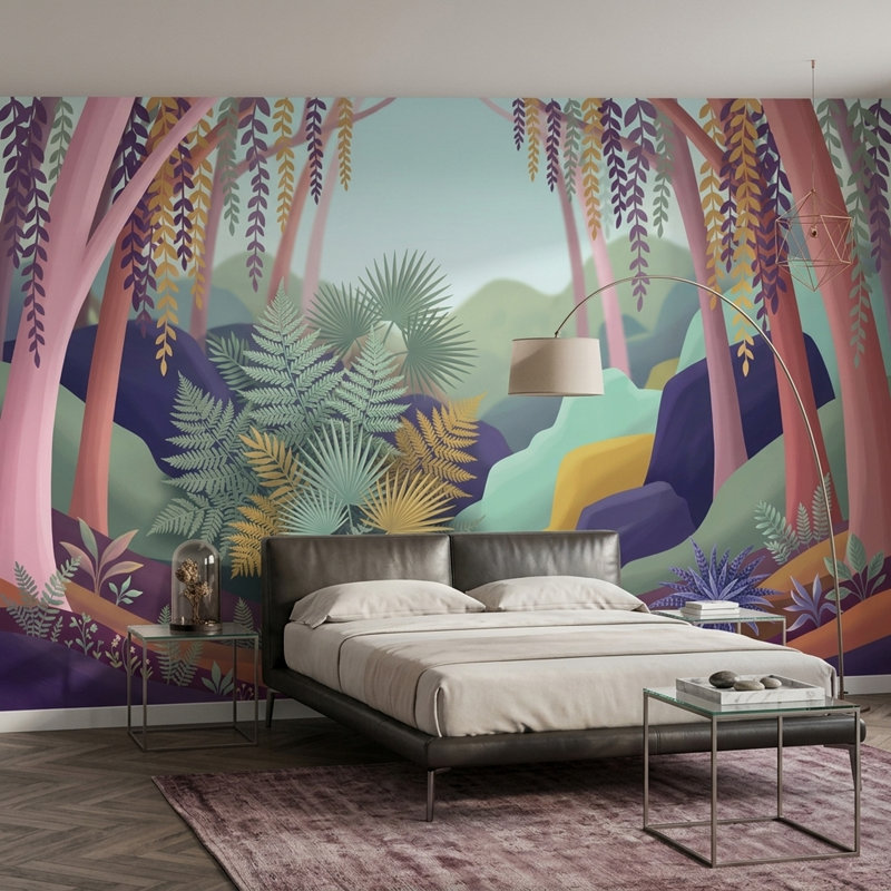 Décoration murale amovible de papier peint vert forêt fantaisiste, Non tissé, 120 po x 96 po