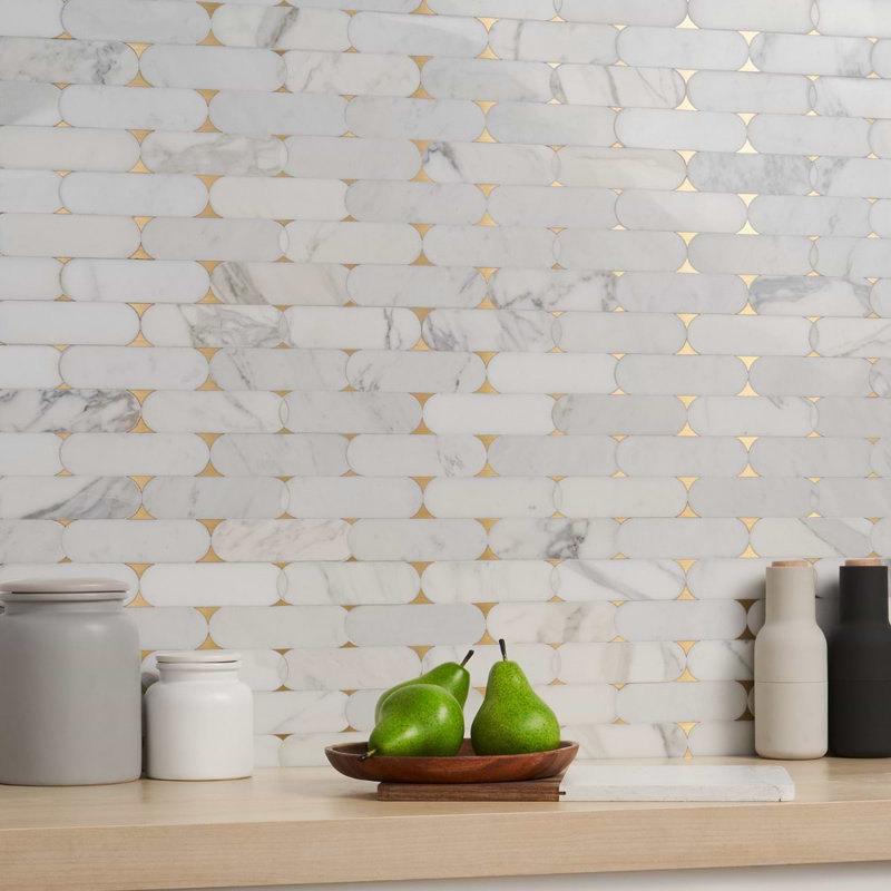 Norway 2x6 Polished Marble and Pearl Waterjet Mosaic Tile, Calacatta White