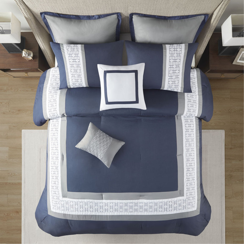 Ensemble d'édredon brodé 8 pièces grand bleu marine, Marine, Édredon grand + 7 articles supplémentaires