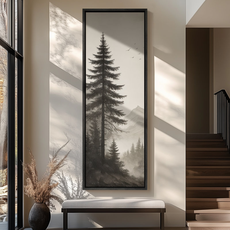 Monochrome Evergreen Forest with Birds - Large Framed Canvas Master Bedroom Wall Art Print, 60" H x 20" W x 1.5" D, Black