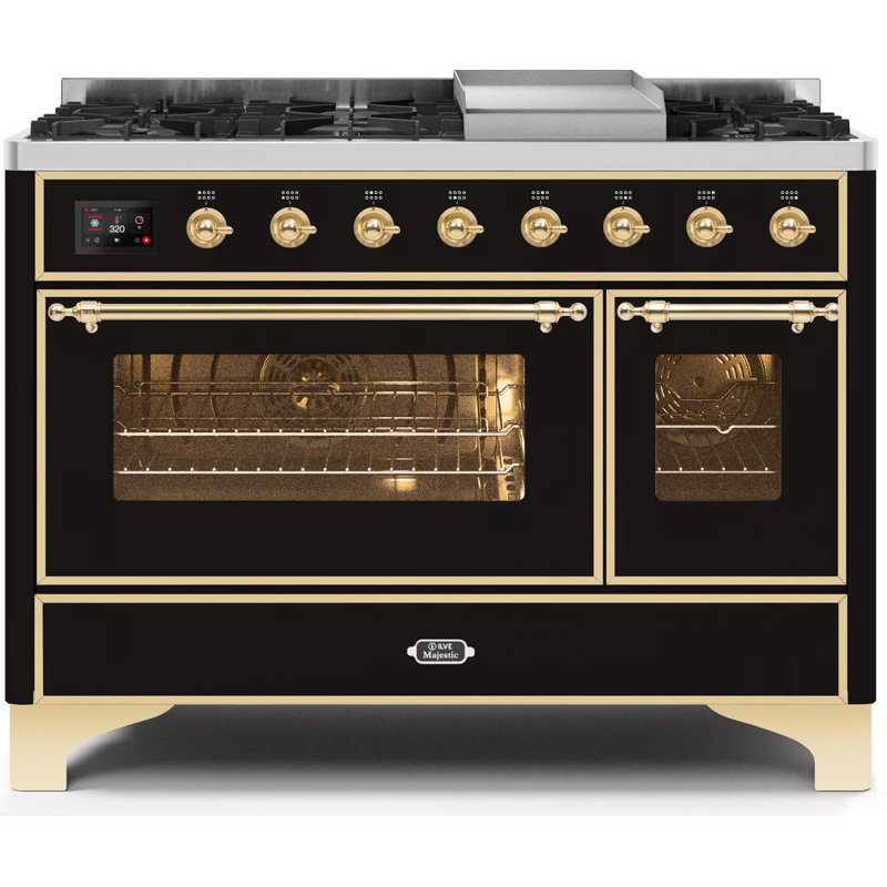 ILVE Majestic II Series 48 inch Dual Fuel Range with 8 Sealed Burners, Griddle (Glass Door), Natural Gas, Glossy Black/Brass