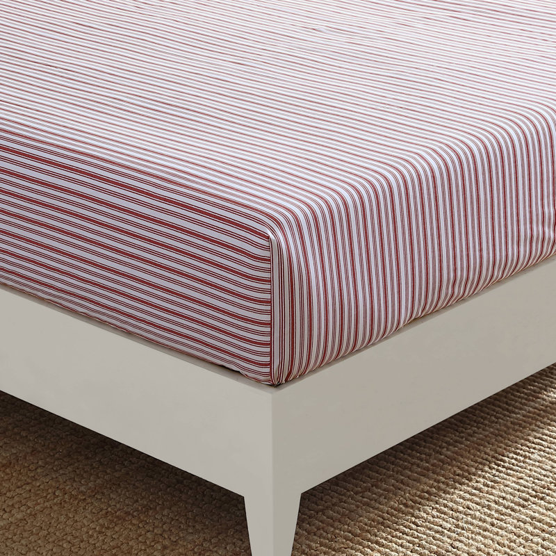 Queen Red Stripe Cotton Percale Fitted Sheet
